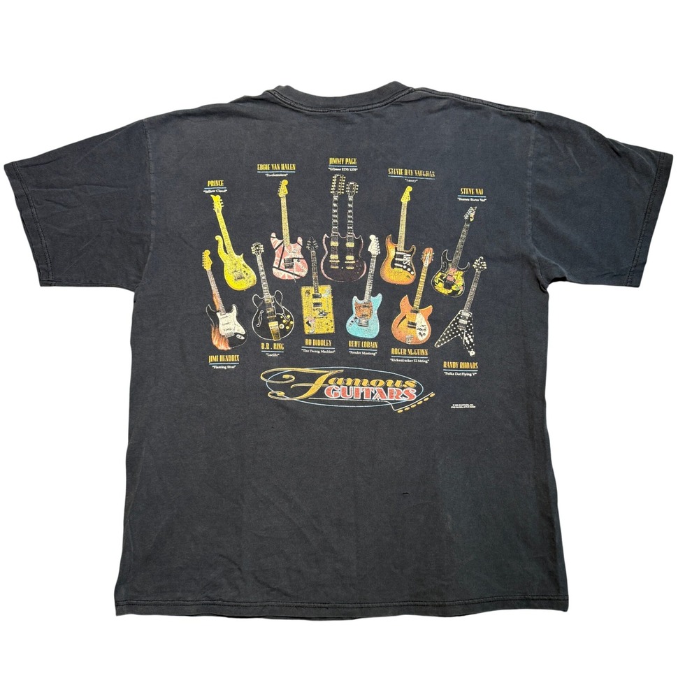 Vintage 1995 Famous Guitars Graphic T-Shirt XL Black Rock Music Distressed 90s